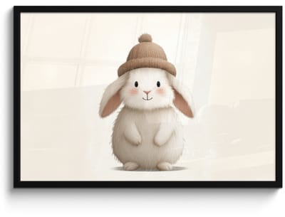 Poster in lijst - Fotolijst 90x60 cm - Posters - Konijn - Muts - Oren - Beige - Posterlijst zwart - Decoratie - Wanddecoratie woonkamer - Muurdecoratie slaapkamer