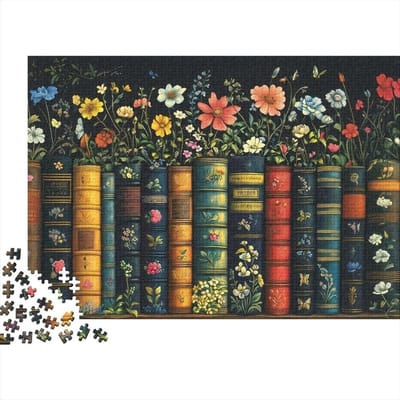 Bloemen boekenplank puzzel - Kunstpuzzel 1000 stukjes - Ontspannend entertainment - Gerecycled materiaal - 52 x 38 cm - Stijl 6
