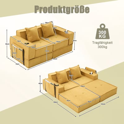 Welltin Slaapbank - Slaapbank - Zetelbed - 2-Zitsbank - Multifunctionele Corduroy Slaapbank - 2 persoons - Opvouwbaar - 2 Kussens - Armleuningen - Scandinavische stijl - Geel
