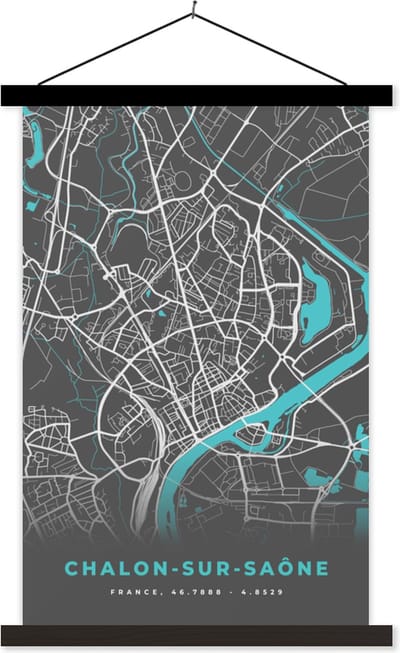 Posterhanger incl. Poster 40x60 cm - Schoolplaat - Chalon-sur-Saône - Frankrijk - Stadskaart - Kaart - Plattegrond - Textielposter - Zwarte latten - Stadskaart