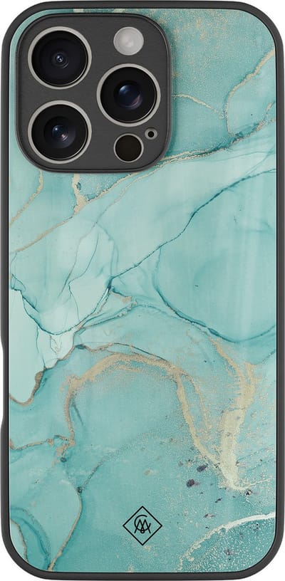 Casimoda® hoesje - Geschikt voor iPhone 16 Pro - Marmer mint groen - Luxe Hard Case Zwart - Backcover telefoonhoesje - Mint