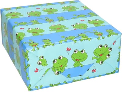 Cadeaupapier - rol - blauw/groene kikkers print - 200 x 70 cm - inpakpapier - Cadeauverpakking dieren kadopapier