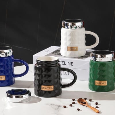 Ruitvormige Spiegelbeker met Deksel Ins Stijl Keramische Bekerset Kantoorbeker Creatieve Persoonlijkheid Mok Souvenir Cadeau Beker 460ML gray