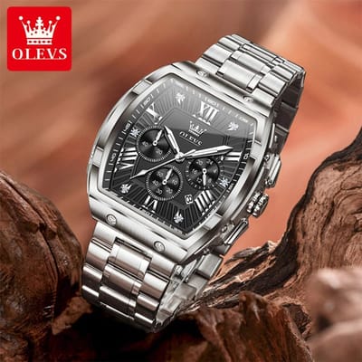 HO-5639.z-zw : Olevs geborsteld edelstaal chronografisch heren quartz horloge ''barrel'', zwarte wijzerplaat, diamantzirkonia's, kalenderdag