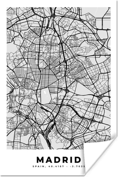 Poster Madrid - Zwart Wit - Stadskaart - Plattegrond - Kaart - 120x180 cm XXL