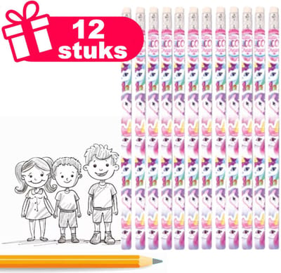 Henbrandt - 12 Stuks Unicorn / Eenhoorn Potloden met Gum - Uitdeelcadeautjes voor Verjaardag Traktaties - Potood Grabbelton Cadeautjes - Kinderfeestjes - Potloden Kindertraktaties en Weggeefcadeautjes