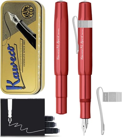 Kaweco Cadeauset - Vulpen - Nostalgic Octagonal Clip CHROME - ALUMINIUM SPORT - Sport Aluminium Deep Red - Breed - Vintage blikje - Extra Doosje Vullingen