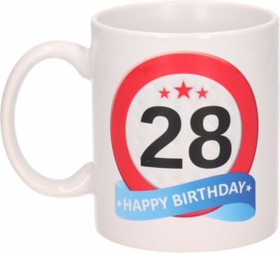 Beallatio Decorations - 28 jaar Verjaardag koffiemok - cadeau beker - stopbord print met happy birthday - 300 ml - keramiek - wit