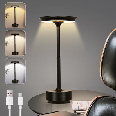 Rosnek Zwarte Draadloze Tafellamp Oplaadbare met Touch Dimbaar - Geheugenfunctie - 3 Kleurtemperaturen - 28 cm Aluminium Bureaulamp Industrieel voor Thuis, Kantoor of Camping