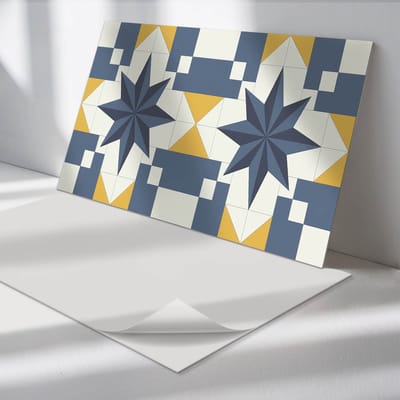 Wallfluent Vinyl Tegels - Geometrisch Sterpatroon Vinyl Vloer Tegels - 40 cm x 20 cm - Blauw PVC Tegels - 10 stuks - Rechthoek PVC Tegels - Abstractie Plaktegels - Zelfklevende Vinyl Tegels - Plaktegels Keuken en Badkamer