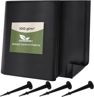 GARDENIX 24 m² Weed Cloth with 50 Ground Anchors 24 m² (1.60 m x 15 m) - Water-Permeable 100 g/m² - Black UV Film for Raised Beds, Weed Protection Film, Garden Film, Bedding Film
