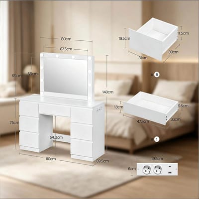 OKWISH Kaptafel - Dimbare Ledspiegel En Stopcontacten - Voor Slaapkamer Of Kleedruimte - Wit Hout En Glas - 110x39,5x140,5 Cm