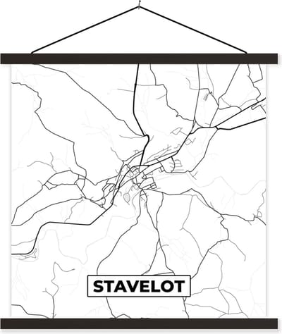 Posterhanger incl. Poster 60x60 cm - Schoolplaat - Stadskaart – Plattegrond – België – Zwart Wit – Stavelot – Kaart - Textielposter - Zwarte latten - Stadskaart