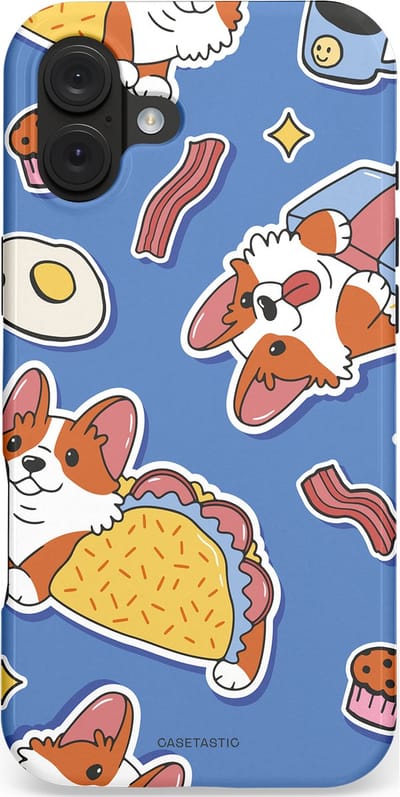 Casetastic hoesje geschikt voor Apple iPhone 16 Plus - MagSafe - Dubbellaagse bescherming - Corgi en Snacks - Fashion Case - Lavendel Lichtgrijs Terracotta Taupe