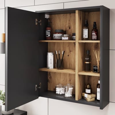 Vicco Viola Badkamerspiegelkast – 60 x 75 cm met open vakken Grijs/Kunstnijverheid