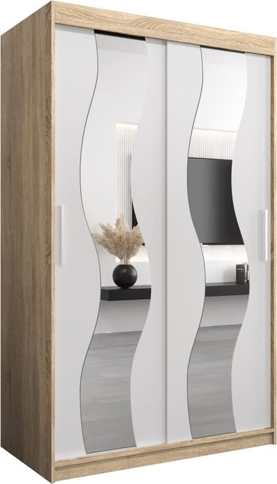 InspireMe - Kledingkast met 2 schuifdeuren, Modern-stijl, Een kledingkast met planken en een spiegel (BxHxD): 120x200x62 - REESE 120 Sonoma Eik + Wit Mat