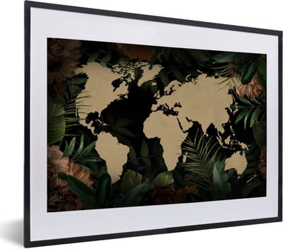 Poster in lijst - Fotolijst 60x40 cm - Posters - Wereldkaart - Bladeren - Tropische Planten - Posterlijst zwart - Decoratie - Wanddecoratie woonkamer - Muurdecoratie slaapkamer