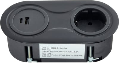 SOTECH inbouwstopcontact (1 x USB-aansluiting / 1 x USB-C-aansluiting / 1 x veiligheidsstopcontact) ovaal zwart contactdooselement incl. aansluitsnoer met stekker voor werkbladen
