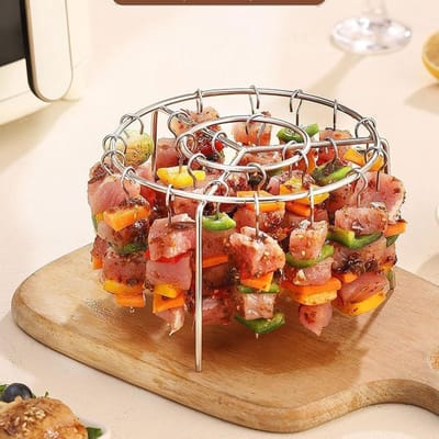Daity 1 stuk - Ronde Airfryer-grill met 24 stalen spiesen – Voedselveilig roestvrijstalen grillrek – Draagbare verticale spiezengrill voor airfryers en ovens