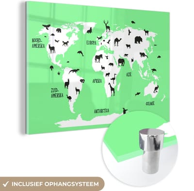 ® Glasschilderij 150x100 cm - Schilderij acrylglas - Wereldkaart Kinderen - Dieren - Mintgroen - Foto op glas - Muurdecoratie woonkamer - Wanddecoratie slaapkamer - Schilderijen