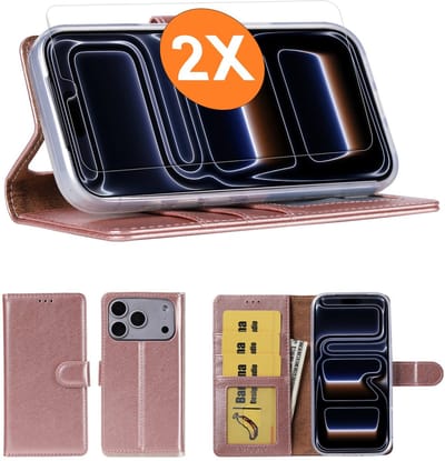 Hoesje geschikt voor iPhone 17 Pro hoesje Rose Goud pasjeshouder telefoon hoes - Met screenprotector tempered glass voor iPhone 17 Pro - 2x