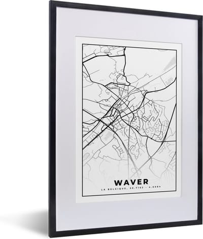 Fotolijst incl. Poster Zwart Wit- Plattegrond – Waver – Zwart Wit – Stadskaart - Kaart - België - 30x40 cm - Posterlijst