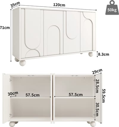 Kast (120×35×71cm), opbergkast voor eetkamer en woonkamer, dressoir met opbergruimte, anti-kantel, modern, eenvoudig design dressoir met verstelbaar blad, wit (N620P240714W)