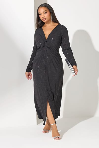 Yours London Zwarte Maxijurk Met Glitters En Knoop Aan De Voorkant Size 52