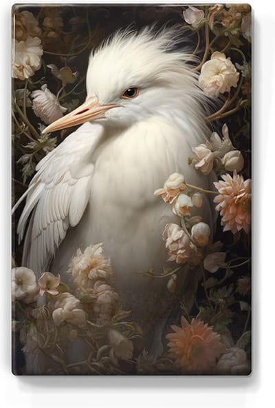Witte reiger met bloemen 2 - Laqueprint - 19,5 x 30 cm - Niet van echt te onderscheiden handgelakt schilderijtje op hout - Mooier dan een print op canvas. - LP319