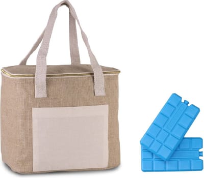 Grote koeltas jute/canvas naturel 12 liter met 4x stuks koelelementen - 28 x 25 x 17 cm - Koeltassen voor strand/reis/picknick