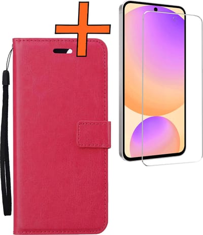 Hoes - Met Screenprotector - Geschikt voor Samsung Galaxy S24 FE - Luxe Pasjeshouder - Bookcase Portemonee - Flip Case - Kunstleer Book Case - Flipcase - Book Cover - Walletcase - PortemonneeHoes - Donkerroze