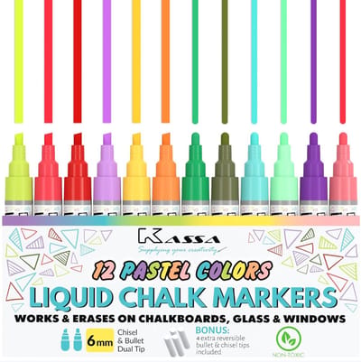Vloeibare krijtstiften voor schoolborden - 12 Pastelkleuren - Uitwisbare krijtbordmarkers voor Glas en Raam
