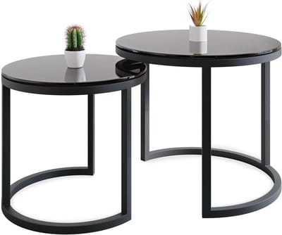 Set van 2 Ronde Salontafels met Gouden Onderstel - Glas en Staal - Handgemaakt