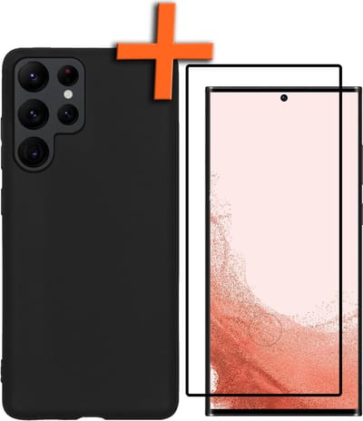 Hoes - Met Screenprotector - Geschikt voor Samsung Galaxy S22 Ultra - Sterk & Shockproof - Back Cover - Siliconen Case - Telefoon Hoes - Zwart