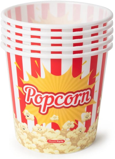 Plasticforte Popcorn bak - 4x - rood/wit retro print - kunststof - 14 x 13 cm - 1.2 liter - herbruikbaar