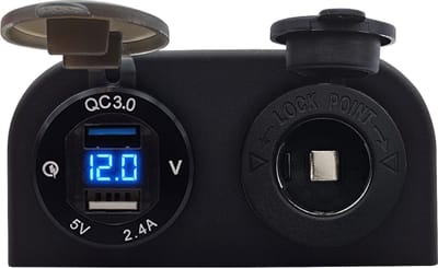 ProRide 12V USB Autolader 2 Poorten Opbouw met Voltmeter - 5V/2.4A - DS2114B - met 12/24V Sigaretten stopcontact - Blauw