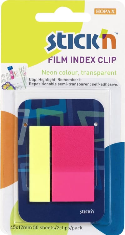 Stick'n Film Index Clip - 45x12mm - Neon Geel - Neon Magenta - 45x25mm - 50 tabs