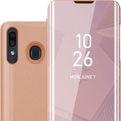 Cadorabo Hoesje geschikt voor Samsung Galaxy A20 / A30 / M10s in KUNZIET ROZE - Clear View Spiegel Beschermende Case met Tribunefunctie 360 Graden Bescherming Book Case Cover Etui