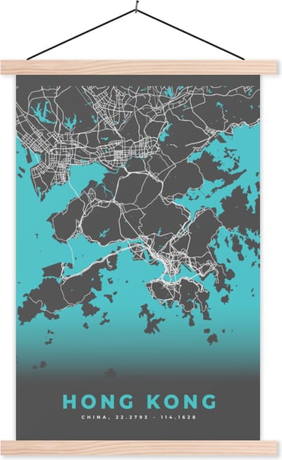 Posterhanger incl. Poster 40x60 cm - Schoolplaat - Hong Kong - Stadskaart - Plattegrond - Kaart - Blauw - Textielposter - Blanke latten - Stadskaart