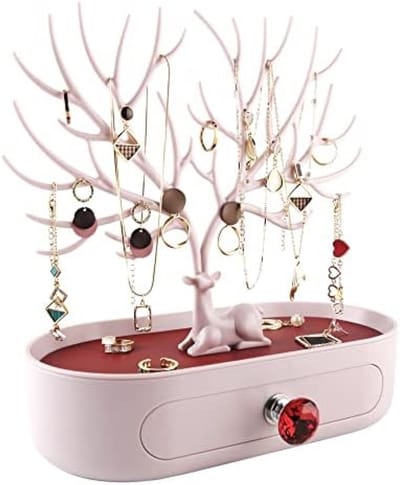 Sieradenstandaard Hertenhoorn Design - Rode Kunstlederen Juwelenhouder met Kristallen Handvat - Organizer voor Ring, Oorbel, Ketting, Armband en Horloge - Decoratieve Opbergoplossing