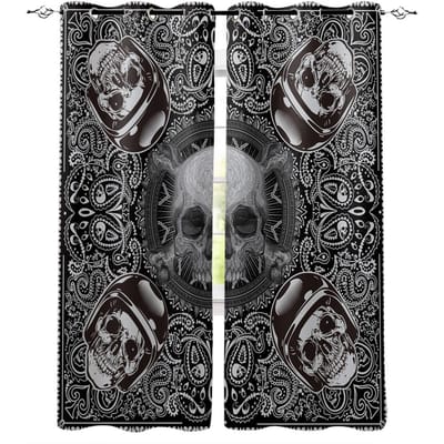 Tête de Mort Mur Squelette Hall Entrée Zone Fenêtre Panneaux Rideaux Idéal Chambre d'Enfant Salon Espace de Vie Salle de Bain Traitements Décoration Cuisine Rideau W50 X H130(CM)X2&Hook