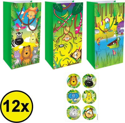 12 STUKS Traktatie Uitdeel papieren zakjes - Inclusief Stickers - JUNGLE DIEREN - Oerwoud - Tasjes - Traktatiezakjes voor uitdeelcadeautjes - Kinderfeestje - 13x8x25 Cm