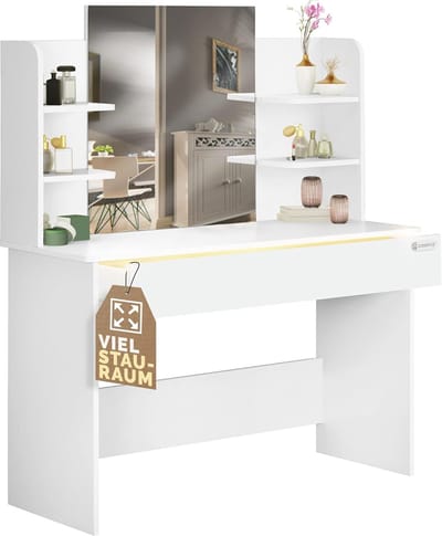 Kaptafel met Verlichting en Afstandssensor - Wit Make-uptafel met 4 Legplanken en 3-Vakken Lade