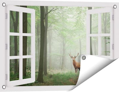 Gards Tuinposter Doorkijk Hert in Bos - 60x40 cm - Tuindoek - Tuindecoratie - Wanddecoratie buiten - Tuinschilderij