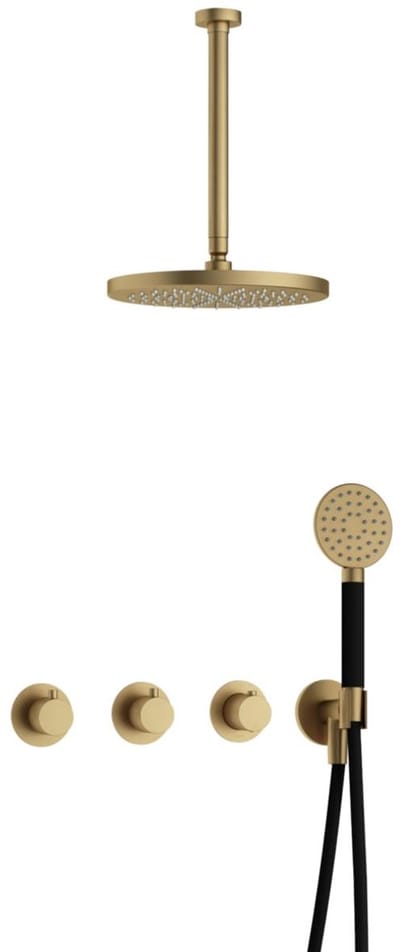 Hotbath Cobber IBS70 inbouw regendoucheset met ronde handdouche aan houder en 30cm ronde hoofddouche aan 30cm plafondarm geborsteld messing