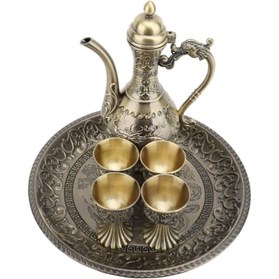 Service à thé turc vintage exquis et luxueux en métal, théière, plateau à thé et 4 tasses, ensemble pour la maison, bronze bronze
