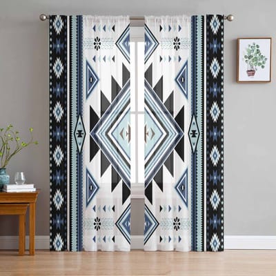 Blauw Wit Boheemse Stijl Raam Tule Gordijnen voor Woonkamer Slaapkamer Hotel Luxe Decoratie Transparante Gordijnen 135W x 114H(cm) black