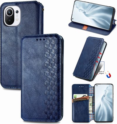 Luxe PU Lederen Ruitpatroon Wallet Case + PMMA Screenprotector voor Xiaomi Mi 11 _ Blauw