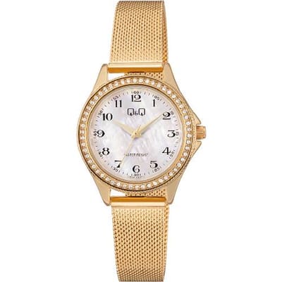 Q&Q-dameshorloge-model c80a-002py-kristal-goudkleurig-Milanese band-3 atm waterdicht-verstelbare band-duidelijke wijzerplaat-diameter 30 mm