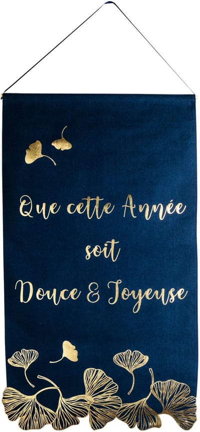 ARTYFETES - Nieuwjaars ginkgo linnen hangdecoratie marineblauw en goud chic 51,5 x 88 cm